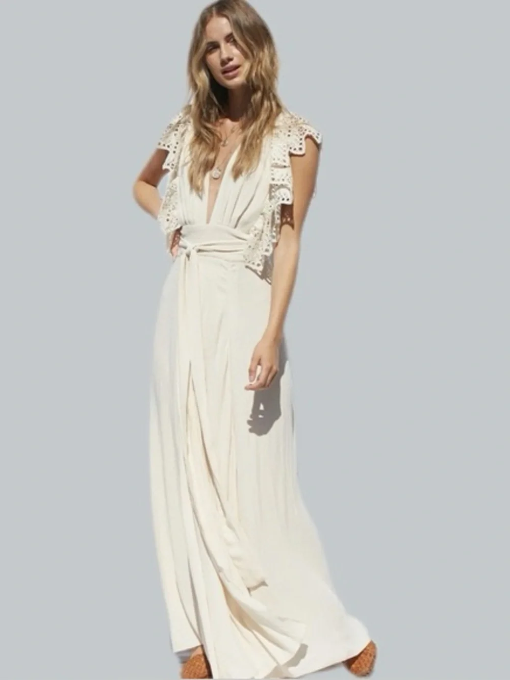 Jen's Pirate Booty White Poppy Wrap Bohemian Lace-Trim Maxi Dress in Cream (125) - Picture 2 of 9